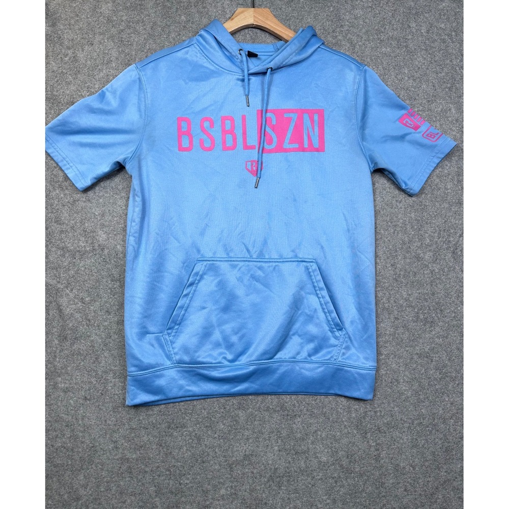 Blue Short-Sleeve Hoodie with Pink Logo